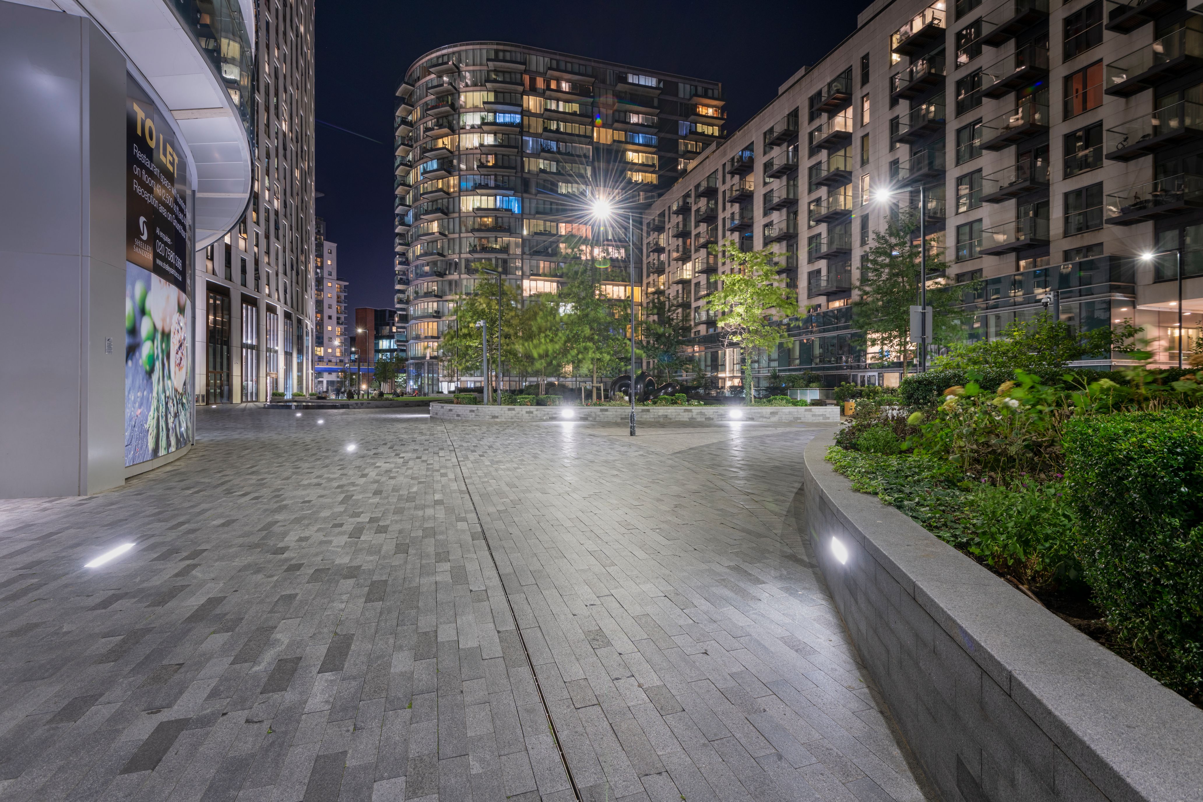 Baltimore Wharf illuminated development at night